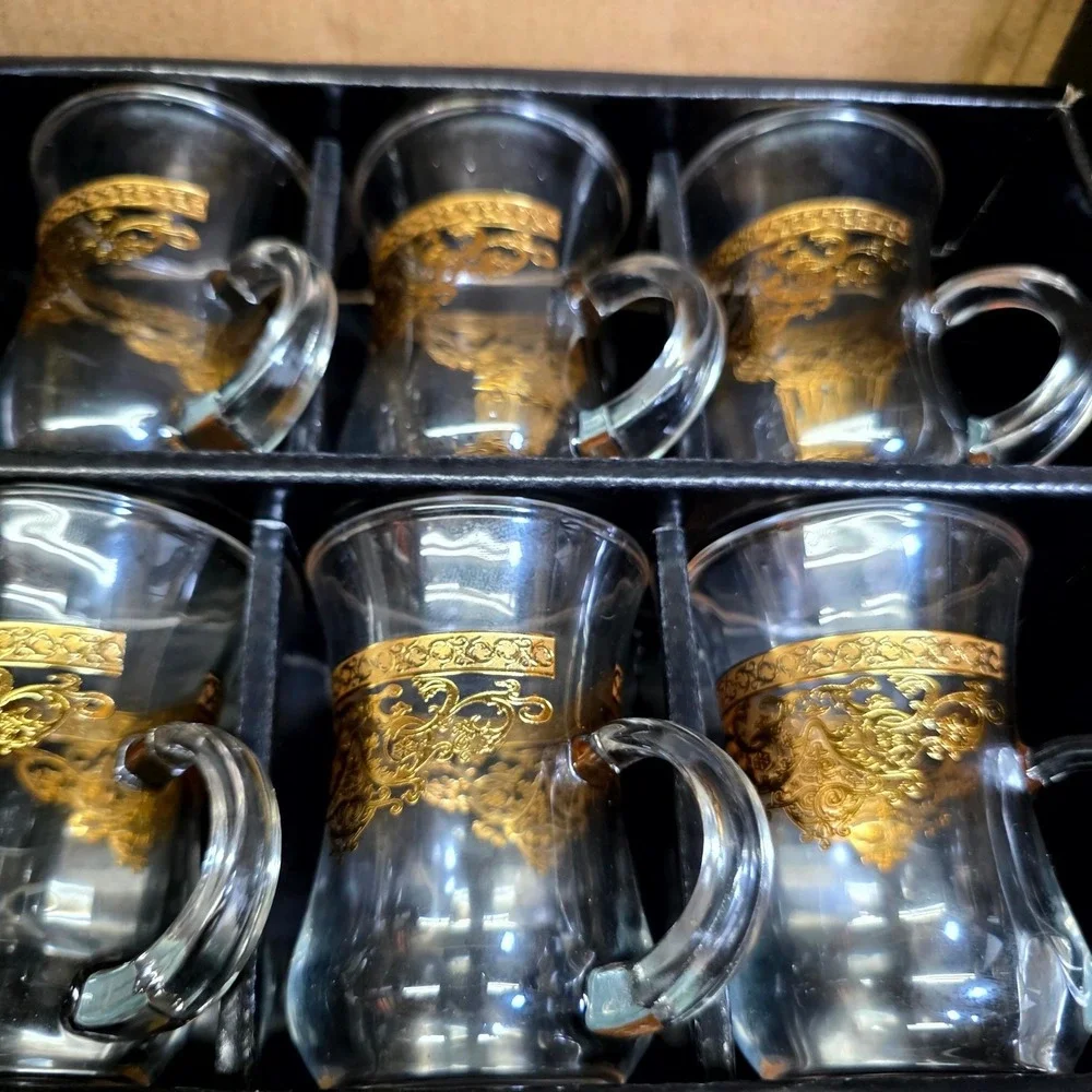 Art Glass Teacups Set of 6 Clear Gold Filigree Turkish Style Small Mugs Gift Box